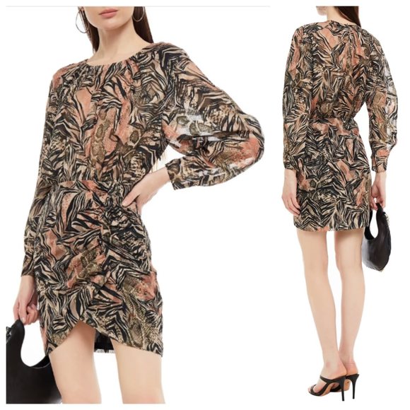 IRO Fenian Metallic Fil Coupé Voile Beige Printed Long Sleeve Dress - Picture 1 of 6